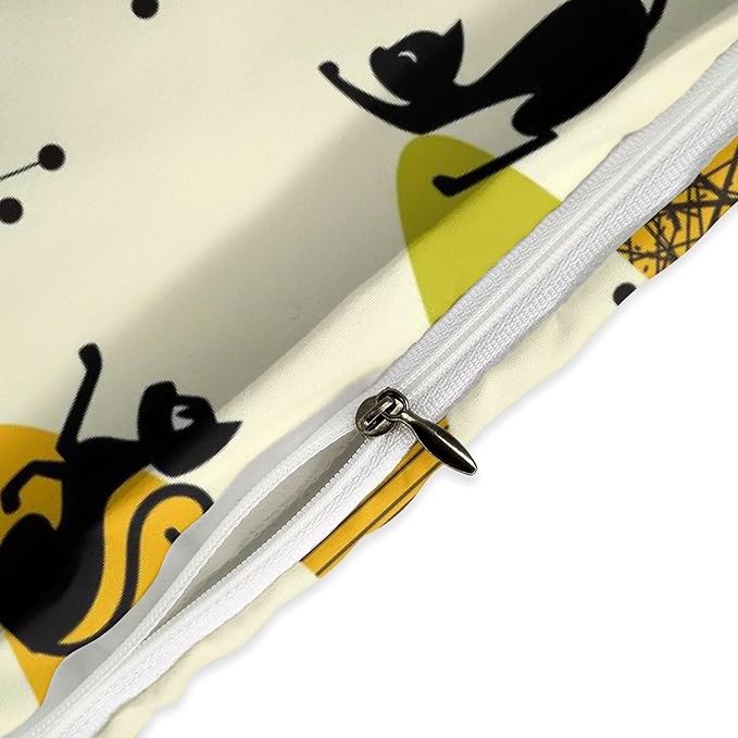 Geometry Modern Comforter Set,Mid Century Black Cat Abstract Atomic Geometric Vintage 1950s 1960s Pattern Print Yellow Bedding Set with Pillowcase for Bedroom Bed Decor,Queen 90"x90"