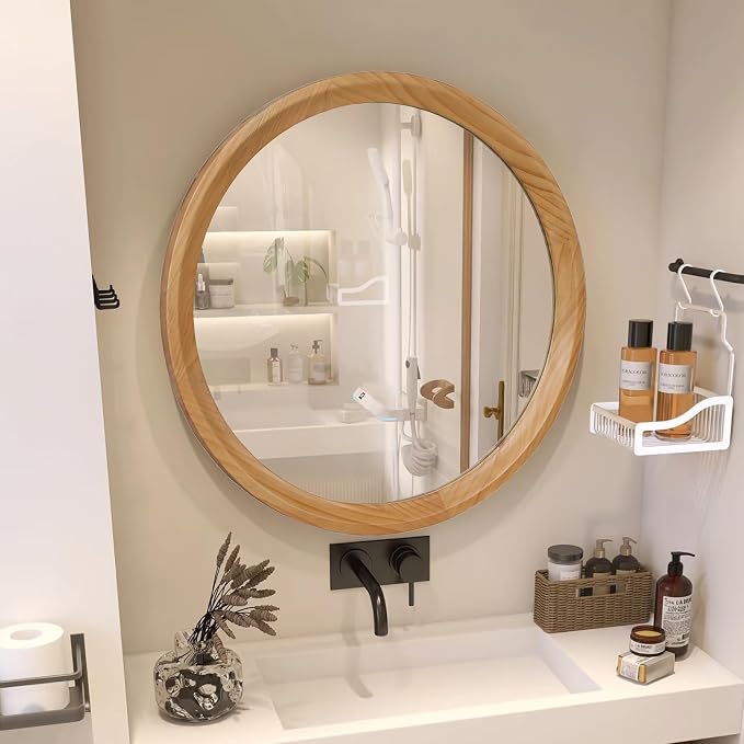 23.62" Round Natural Wood Wall Mirror Minimalist Mid-Century Modern Decorative Mirror with Sleek Solid Wood Frame HD Wall Mounted Mirror for Bathroom Vanity Living Room Bedroom Entryway