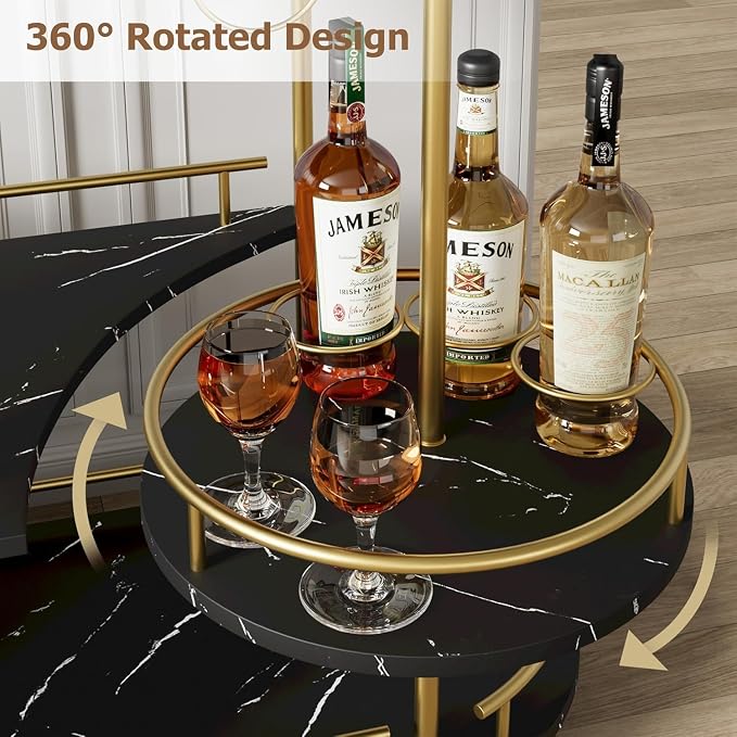 Takywep Bar Cart with Wine Rack and Glass Holder, 4-Tier Modern Serving Cart on Wheels, Mobile Liquor Cabinet & Coffee Station for Home Kitchen, Dining Room, Marble Wood/Gold