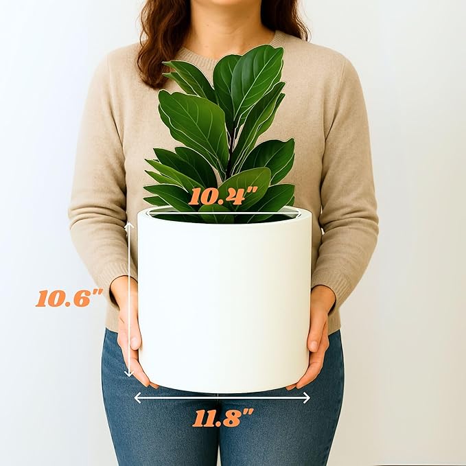 Fox & Fern Large Indoor Planter, Modern Large Plant Pot for Indoor or Outdoor, UV and Frost Resistant - 12 Inch, Fiberstone, Matte White Flower Pot with Hidden Saucer, Lightweight