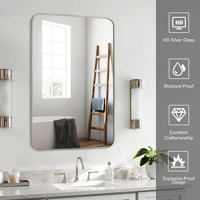 Bathroom Mirror Brushed Nickel, 24 x 36 Inch Metal Frame Rectangle Mirror Rounded Silver Modern Vanity Mirror Anti-Rust for Bathroom, Farmhouse Wall Mounted Vertically/Horizontally