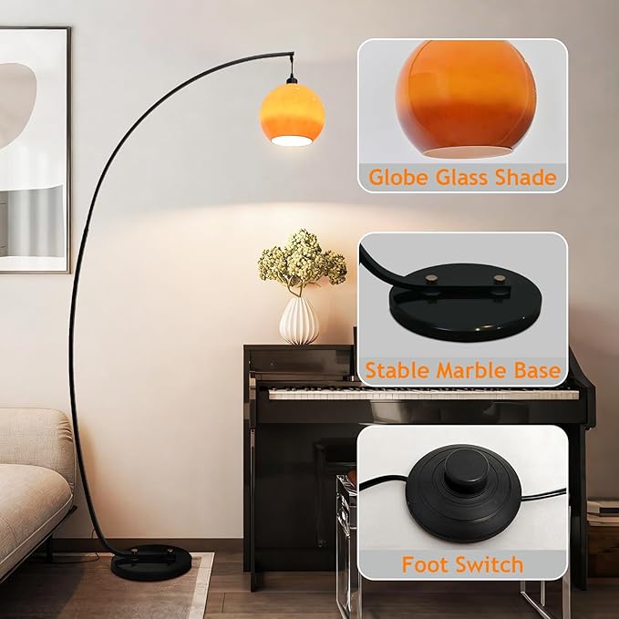71" Arc Floor Lamp Mid Century Modern Orange Floor Lamp Globe Glass Standing Lamp With E26 3-Color Temperatures Marble Base Tall Light For Living Room Bedroom Study Dining Room(Includes Bulb) (Orange)