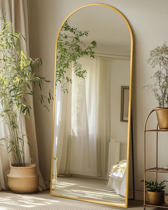Full Length Mirror with Stand, 58"x19" Arched Full Body Mirror, Large Stand Up Aluminum Frame Floor Freestanding Hanging Leaning Mounted for Bedroom Living Room Entryway Gold
