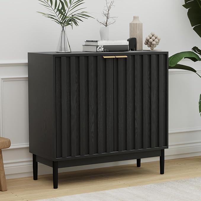 Fluted Cabinet with Storage, Buffet Cabinet Sideboard with Door, Kitchen Buffet Storage Accent Cabinets with Adjustable Shelves for Living Room, Entry, Hallway, Black
