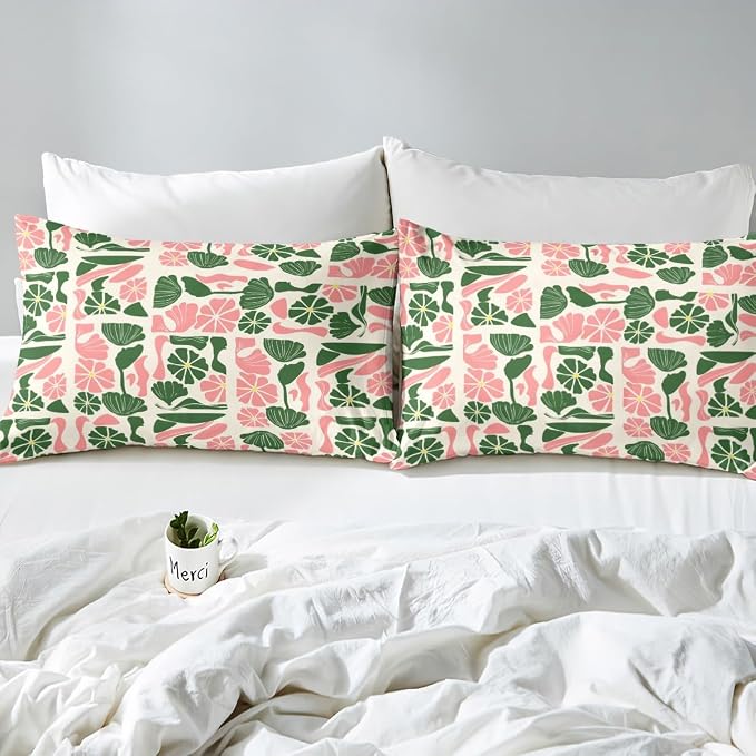 Erosebridal Mid Century Boho Comforter Cover King Cute Green Pink Floral Plant Patchwork Bedding Set Modern Abstract Geometric Duvet Cover for Kids Adults,Vintage Aesthetic Bed Set