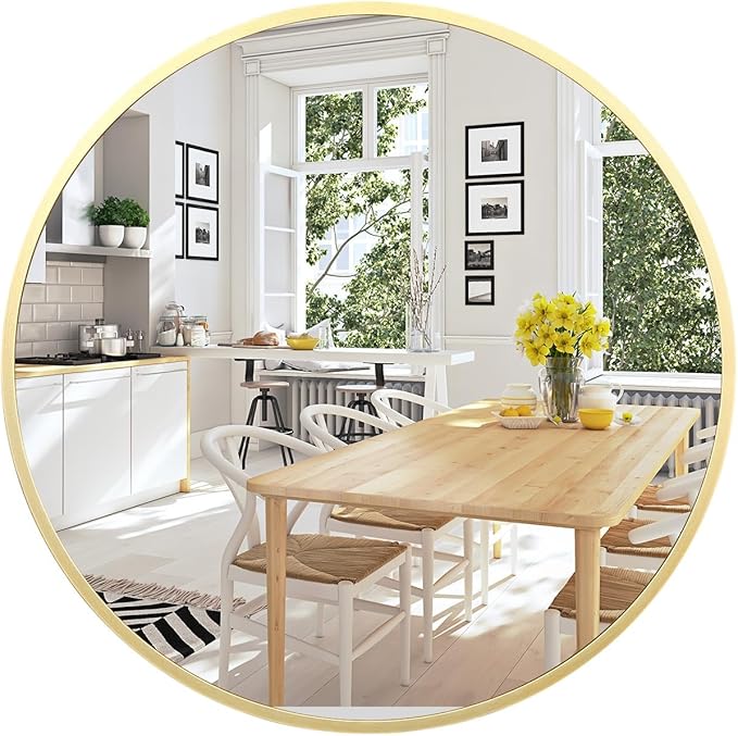 18 Inch Round Mirror, Gold Circle Mirror for Bathroom, HD Eco-Friendly Round Bathroom Mirror for Over Sink, Small Matte Gold Metal Framed Wall Mirror for Wall, Vanity, Entryway, Easy to Install