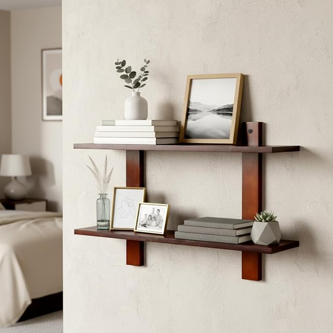 Vercraft Floating Shelves for Wall Set of 2 Long 2 Tier Wood Wall Mounted Shelves Mid Century Modern Decorative Storage Plant Photo Display for Living Room Bedroom Kitchen Office Coffee Bar Decor
