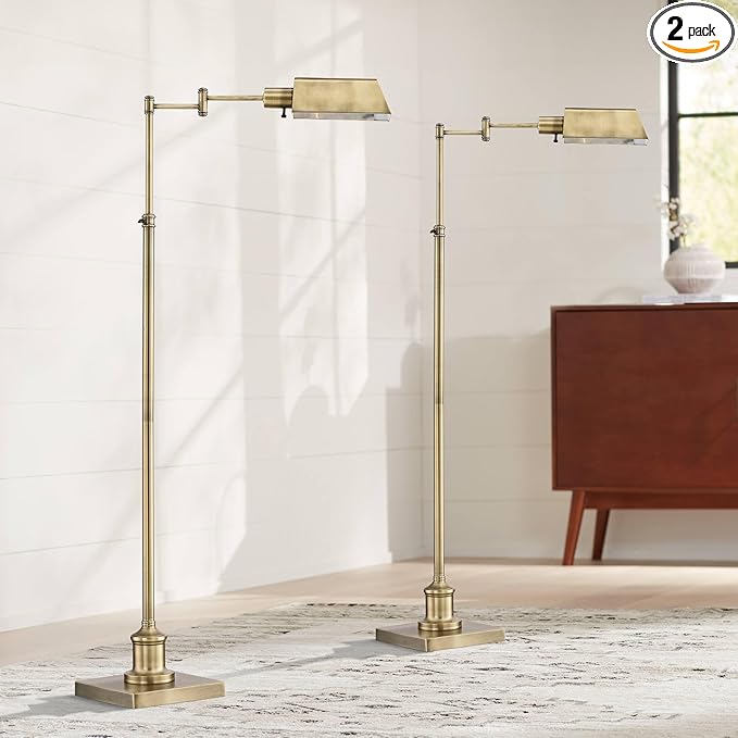 Regency Hill Jenson Traditional Farmhouse 54" Tall Standing Floor Lamps Set of 2 Lights Swing Arm Pharmacy Task Adjustable Gold Metal Aged Brass Finish Living Room Bedroom House Reading Office Home