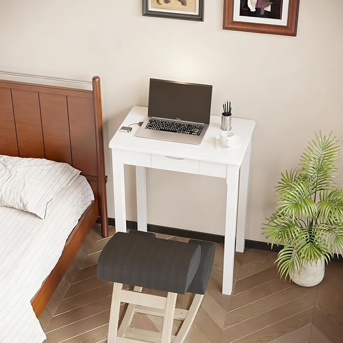 Solid Wooden Desk with Drawers - 24 x 16 Inch Narrow Desks for Small Spaces, Rubberwood Simple Study Table, Small Writing Desk for Bedroom - Modern White Desks