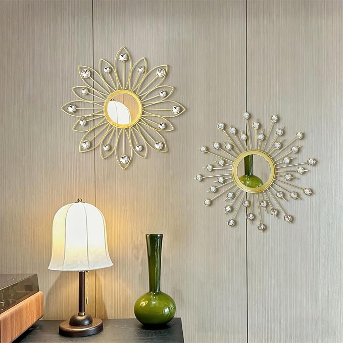 2 Pack Metal Mirrors for Wall Boho Sunburst Wall Mirror Home Decor Modern Decorative Wall Art for Bedroom Living Room Entryway