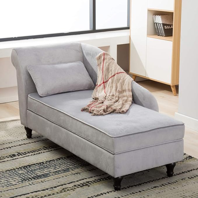 Chaise Lounge Chair Indoor with Storage, Upholstered Chaise Lounge with Left Armrest Recliner Sofa Chair for Living Room Bedroom Office Gray Chenille