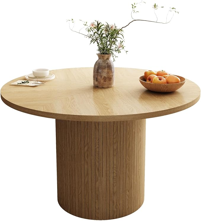 QHITTY Fluted Round Dining Table, 47-inch Wood Kitchen Table Table for 4, Farmhouse Circle Table with Strip Base for Kitchen, Living Room, Natural