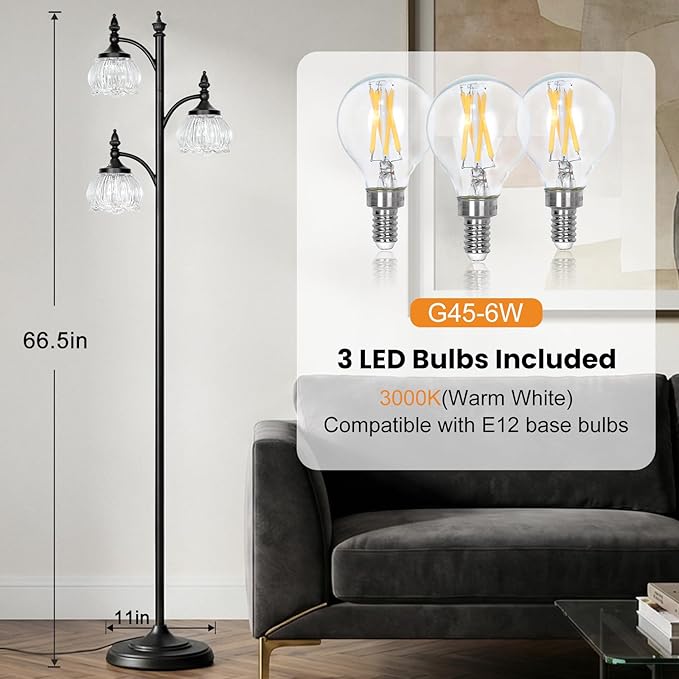 JUNNAI Black Standing Lamps for Living Room 66.5in Floor Lamps with Glass Shade 3 Way Brightness Lights Dimmable Modern Corner Lamp for Bedroom Office(3LED Bulbs Included)