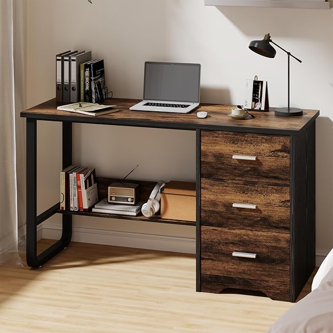 MaverickFurni Small Computer Desk with Drawers, 47 Inch Home Office Desk with 3 Drawers & Bottom Shelves, Study Desk with Storage for Bedroom, Writing and Work, Black and Brown