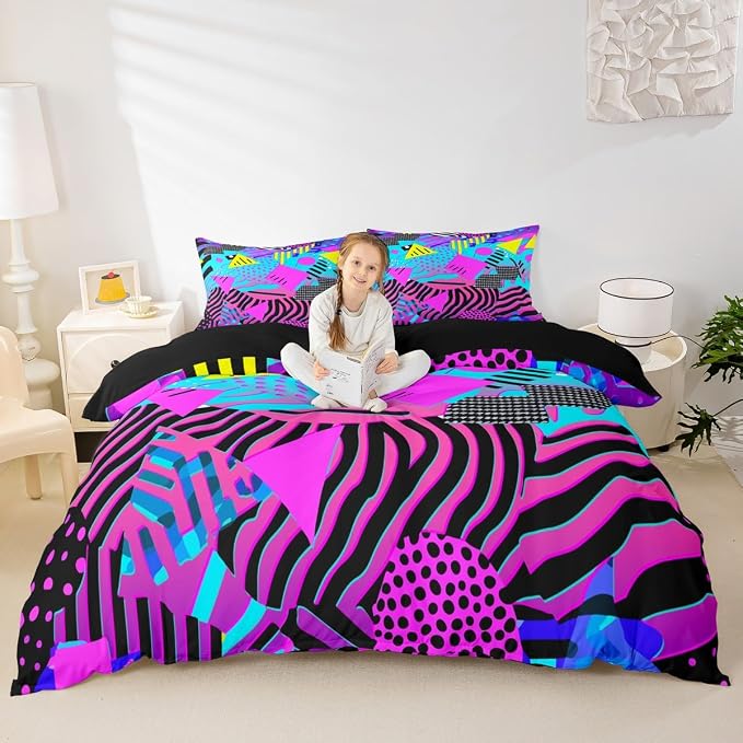 Retro 80s 90s Bedding Set Twin,Abstract Geometric Duvet Cover Urban Modern Circles And Triangle Comforter Cover Colorful Pop Art Inspired Pattern Quilt Cover Mens Hipster Hip-Hop Room Decor