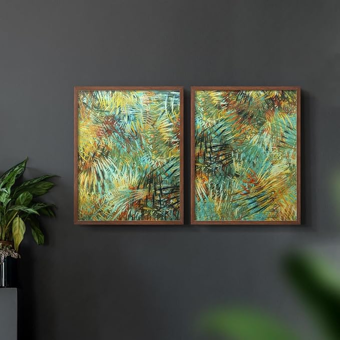Renditions Gallery Set of 2 Peel & Stick Framed Prints, Nature Abstract Wall Art, Green Leafy Design Wall Decor, Re-Stickable - Ready to Hang - 8"x10" - Walnut Frame LT588