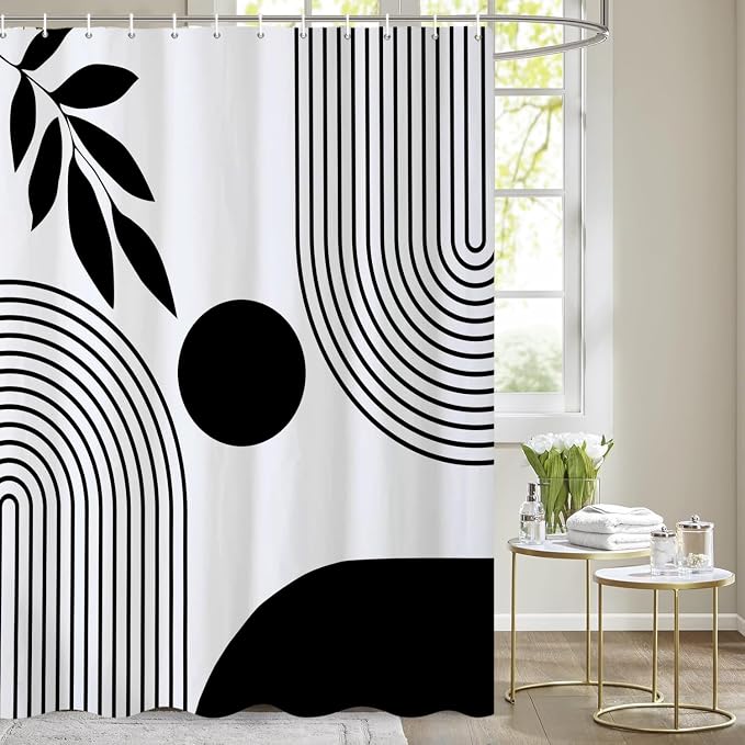 Extra Long Boho Shower Curtain Mid Century Modern Shower Curtains For Bathroom Black And White Geometric Minimalist Abstract Bohemian Waterproof Fabric Bathroom Shower Curtain Set 72x84 Inch