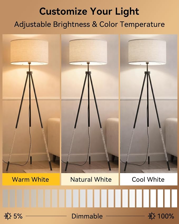 JOOFO Tripod Floor Lamp with Remote Control, Stepless Dimmable Tall Floor Lamp with Fabric Shade, Acrylic Bubble & Metal Pole Design, Modern Standing Lamp for Living Room Bedroom, Brushed Black