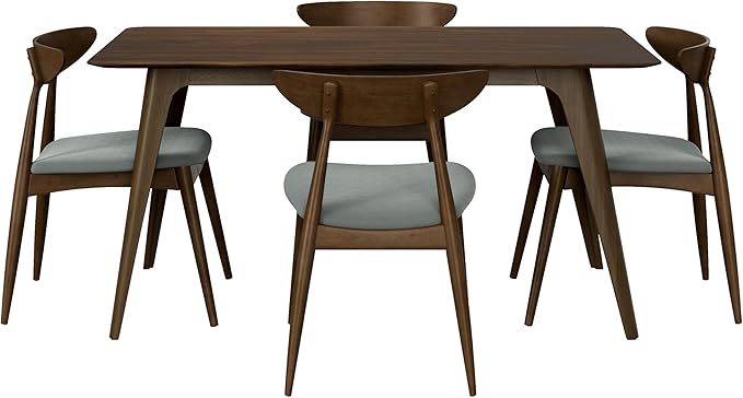 Mid-Century Modern Rectangular Dining Table with 4 Chairs, Solid Rubberwood Frame, Light Gray and Walnut Finish, Fabric Seats with Polyurethane Foam Filler, 4-Leg Base