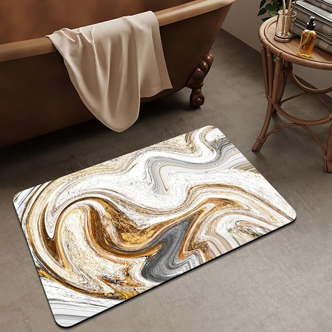 Bath Mat Rug,White Grey Gold Marble Non Slip Quick Dry Super Absorbent Thin Bathroom Rugs Fit Under Door-Easy to Clean Bathroom Floor Mats-Shower Rug for Shower Sink Bathtub(17" x 27.5"in)