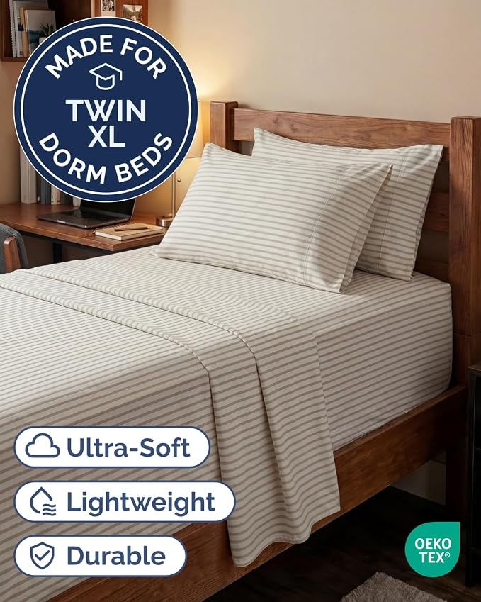 Extra Deep Twin XL Sheet Set - 4 Piece College Dorm Bed Sheets Set with Extra Deep Pockets - Ultra-Soft, Comfy & Breathable Bedding for Women, Men, Kids & Teens - Wrinkle & Fade Free - Beige Stripes 2