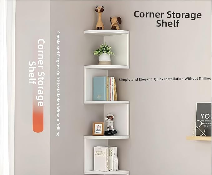 No-Drill Corner Shelf Wall Mount, 5-Tier Floating Corner Bookshelf with Hooks, Space-Saving Zigzag Plant Shelf for Bedroom, Living Room, Bathroom, Home Office
