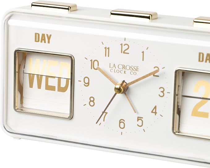 La Crosse Clock 636-379W Daily Flip White Tabletop Alarm Clock with Calendar