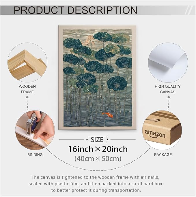 Wrapped Framed Lotus And Koi Canvas Poster Japanese Floral Botanical Pond Wall Art Retro Oriental Asian Prints Decor for Bedroom Zen Meditation Room Home 16x20 inch
