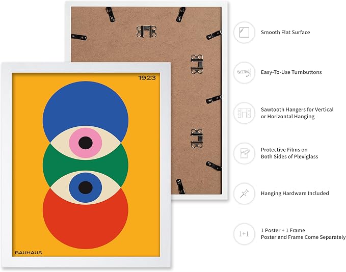 Poster Master Bauhaus Poster - Abstract Eyes Print - Graphic Design Art - Eye Art - Geometric Art - Chic Boho Art - Mid Century Modern Art - Living Room or Bedroom Wall Decor - 8x10 White Framed