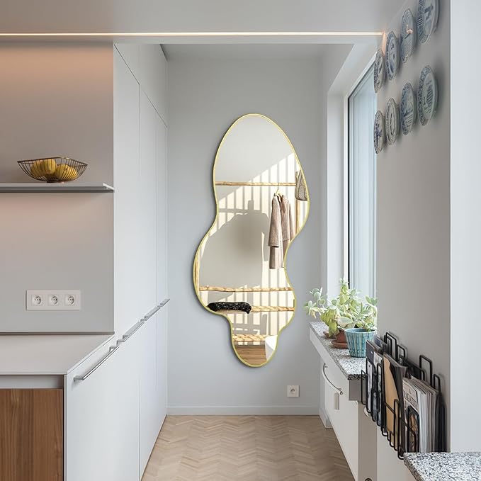 Irregular Mirror, 55"x26" Asymmetrical Wall Mirror with Gold Metal Frame, Large Abstract Mirrors Decorative, Modern Unique Shaped Mirrors for Living Room Bathroom Bedroom Hallway Entryway