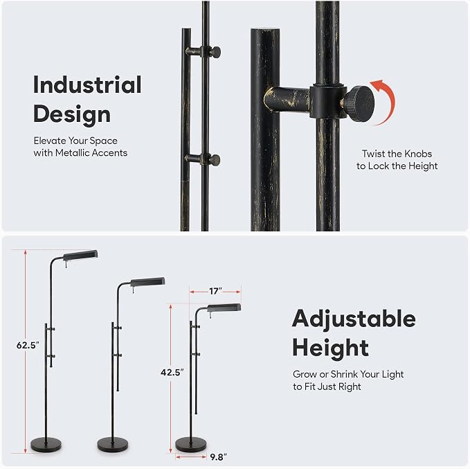 VONLUCE LED Floor Lamp, 62.5" Industrial Floor Lamp for Living Room with Adjustable Height Swing Arm Head 3 Color Temperatures, Metal Standing Pole Lamp for Bedroom Reading, Rustic Black