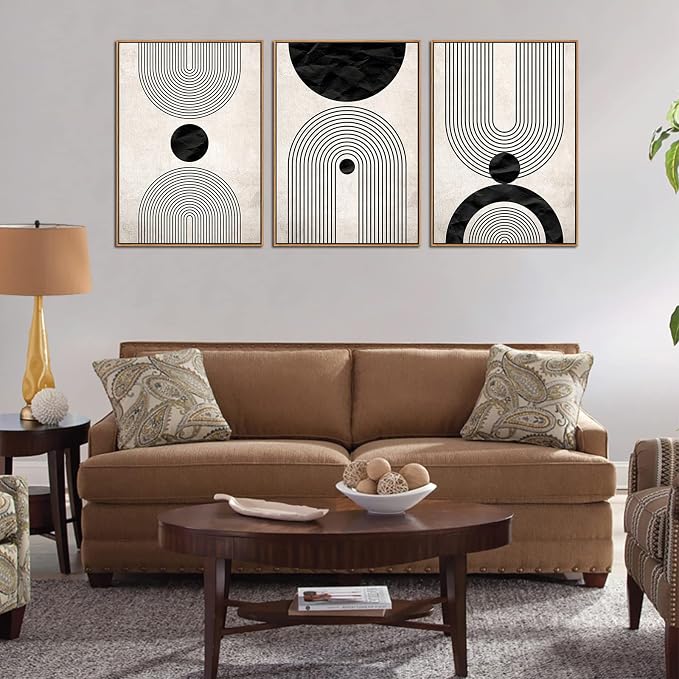 Framed Wall Art Canvas Set Mid Century Boho Pictures Modern Abstract Geometric Wall Decor Minimalist Black Beige Bohemian Canvas Painting Artwork for Living Room Bedroom Office 20"x28"x3 Natural