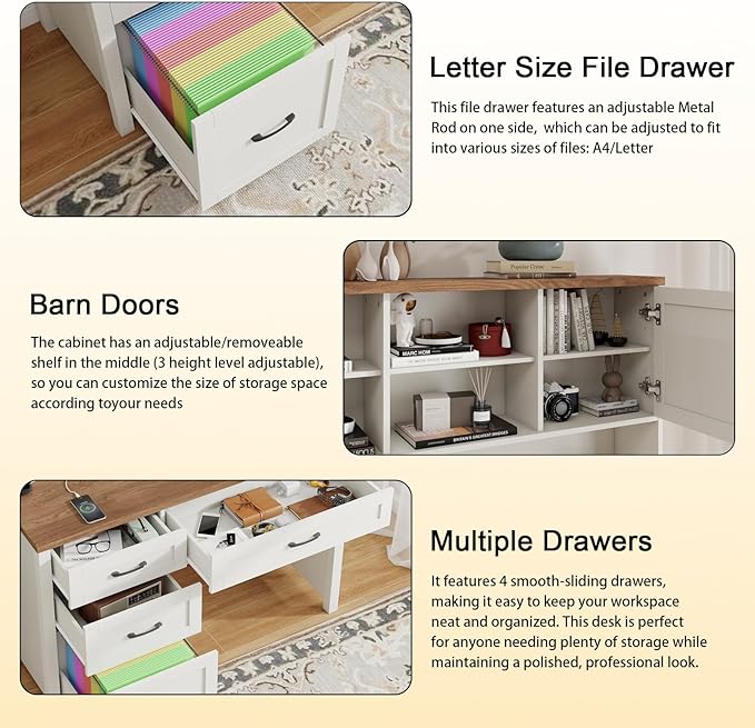 Farmhouse 67" H Executive Desk with Hutch,Office Table with 4 Drawers and LED light, Computer Desk with Storage Cabinet & File Drawers and Charging Station, Wood Workstation for Home Office and Study