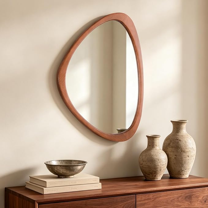 HOMECOOKIN 20" H x 25.5" W Asymmetrical Mirror, Irregular Wooden Wall Mirror for Bedroom, Living Room,Entryway– Boho Mid Century Modern Decorative, Solid Wood Frame, Pebble Shaped Design (Walnut)