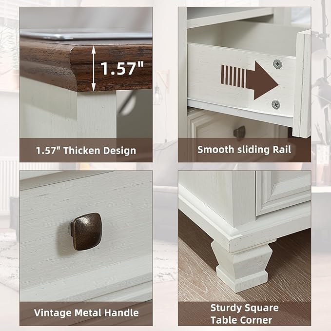 Farmhouse Nightstand Set of 2 with Charging Station, Antique Nightstands with Drawers, Bedside Table with Open Shelf for Bedroom, White