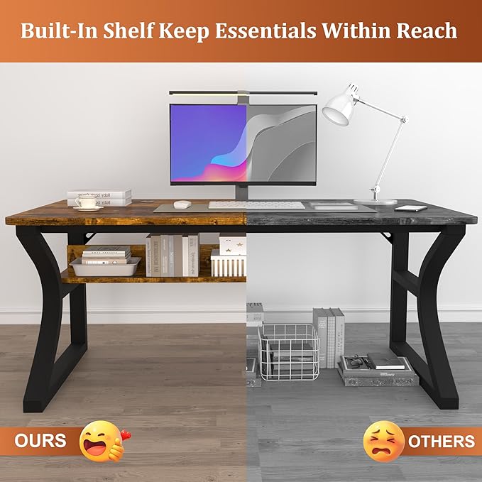 AZN Computer Desk, 55x24 in Computer Desk, Office Desk w/Storage & U-Size Metal Frame for Home Office Bedroom Gaming, Office Desk w/Water-Resistant, Scratchproof Surface, Brown