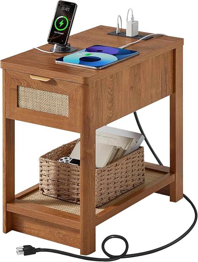 Lerliuo Narrow Night Stand with Charging Station, Boho Nightstand with Drawer, Bed Side End Table with Rattan Shelf for Small Spaces, Wood Nightstands Bedside Tables for Living Room Bedroom