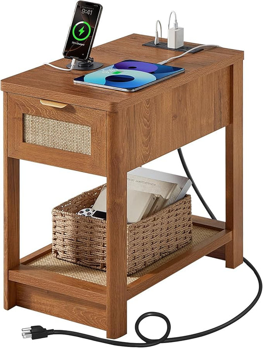 Lerliuo Narrow Night Stand with Charging Station, Boho Nightstand with Drawer, Bed Side End Table with Rattan Shelf for Small Spaces, Wood Nightstands Bedside Tables for Living Room Bedroom