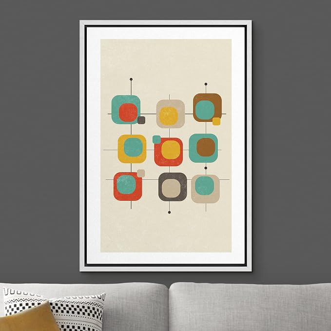 Woodrose Framed Canvas Print Wall Art Geometric 1960s Color Square Collage Abstract Shapes Illustrations Modern Minimalist Chic Multicolor for Living Room, Bedroom, Office - 24"x36" White