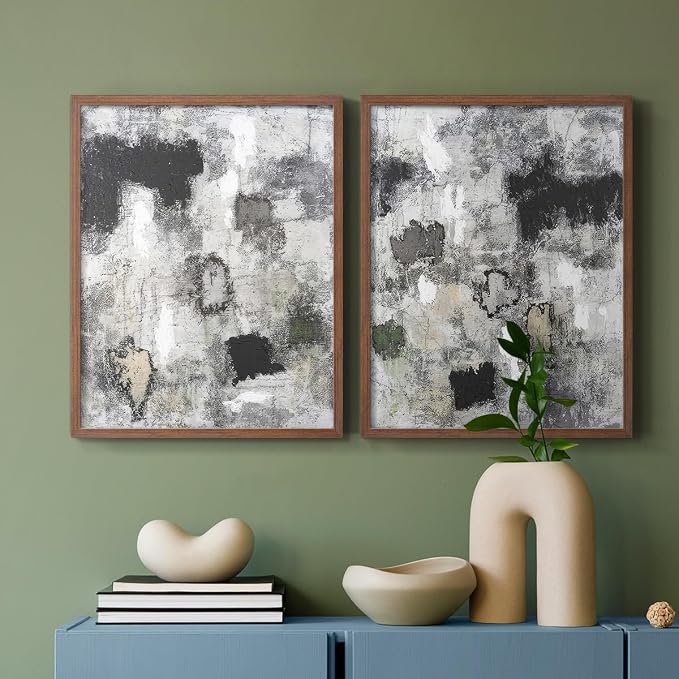 Renditions Gallery Set of 2 Peel & Stick Framed Prints, Abstract Wall Art, Hand Painted Black and White Pattern Wall Decor, Re-Stickable - Ready to Hang - 8"x10" - Walnut Frame LT588