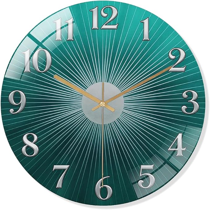 16 Inch Teal Sunburst Glass Wall Clock Silent Modern Art Decor | Silent glossy clock with an elegant teal sunburst and silver numbers, perfectly tracking time for your modern living room