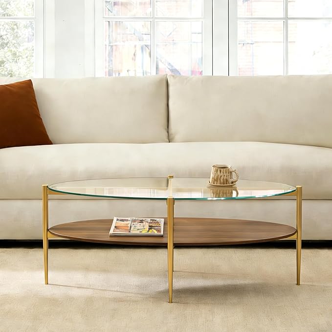 AGV LIGHTING Oval Coffee Table, Mid-Century Modern Coffee Table, Glass Coffee Table, Glod Finish Legs, Thick Tempered Clear Glass Top with Walnut MDF Shelf