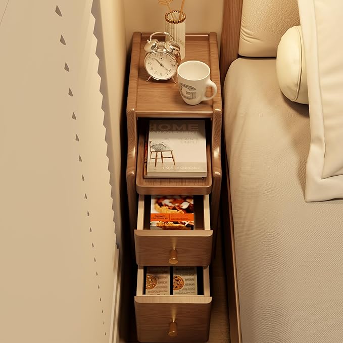 AQIMUELE Small Nightstand with Drawers, Solid Wood Bedside Table, Narrow Walnut Nightstand for Bedroom