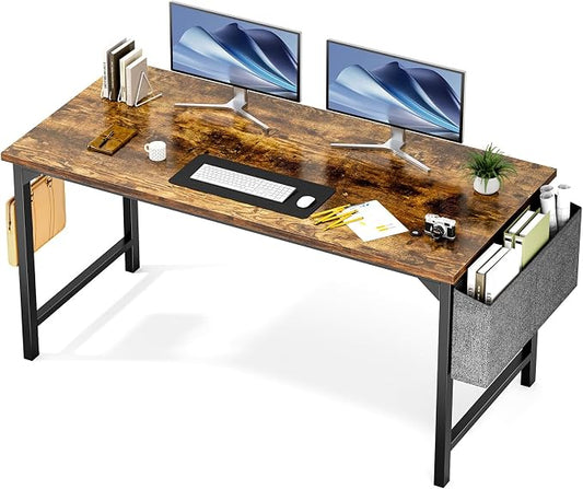 Sweetcrispy Computer Office Desk 55 Inch Student Study Writing Work with Metal Frame Wood Tabletop Modern Simple PC Home Bedroom Table, Rustic Brown, Compact Sturdy Desk for Laptop, Study, Gaming