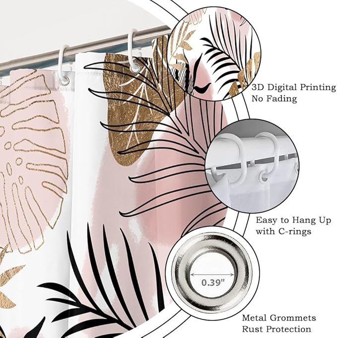 Modern Boho Shower Curtain Pink Gold Palm Leaves Abstract Aesthetic Bathroom Decor Gorgeous Watercolor Botanical Theme Bohemian Bath Curtains Washable Waterproof Polyester Fabric with Hooks 69x75 Inch