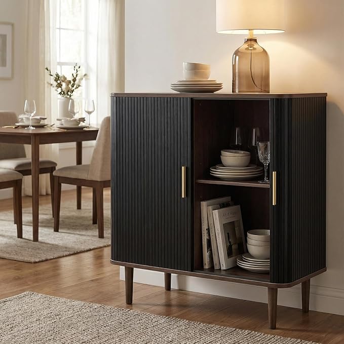 AKMAKM 35" Fluted Accent Buffet Cabinet, Black Small Storage Sideboard with Sliding Door, Mid Century Modern Credenza with Solid Wood Leg, Wine Coffee Bar Console Table for Kitchen, Entryway, Living