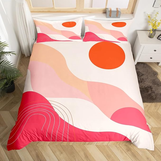 Erosebridal Mid Century Geometric Duvet Cover Toddler for Kids Boys Girls,Red Circles Wave Lines Comforter Cover,Minimalist Style Bedding Set,Modern Fashion Bed Set with 1 Pillowcase Bedroom Decor