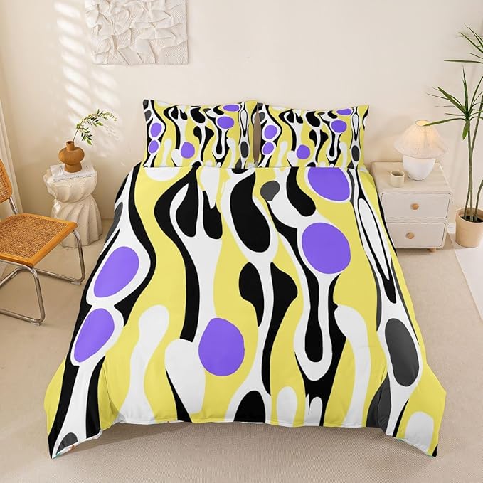 Erosebridal Organic Abstract Duvet Cover Set Modern Contemporary Queen Bedding Set for Tween Boys Girls Boho Mid Century Wavy Lines Comforter Cover Retro Geometric Bed Sets,Yellow Purple
