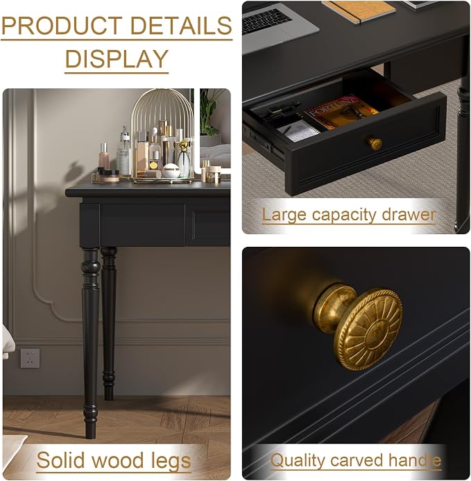 Solid Wood French Country Desk,Writing Desk with Storage Drawers,Farmhouse Computer Table Makeup Table Modern Simple Style,for Home Office Living Room Study Workspace Bedroom (Black, 31.5IN)