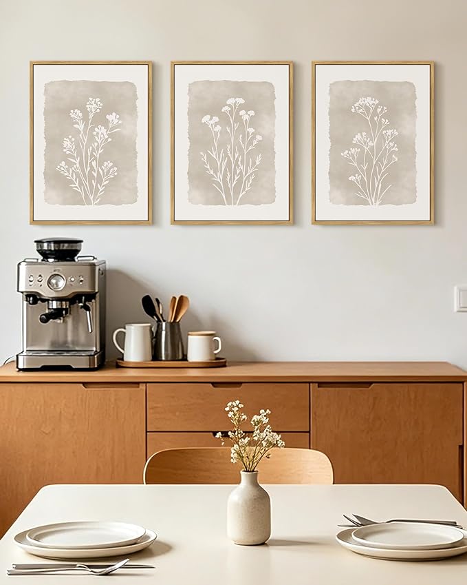 KUVIOKE Boho Botanical Flower Framed Wall Art Farmhouse Vintage Floral Wall Painting Rustic Wildflower Neutral Prints for Living Room Bedroom 12x16in (Natural Framed)